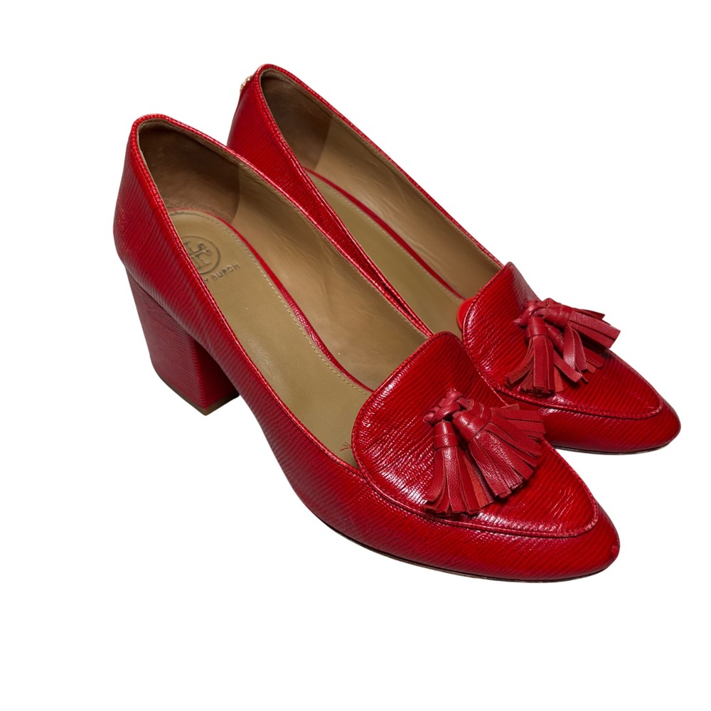 Tory Burch Red Lizard Embossed Leather Tassel Block Heel Loafer Pumps 10.5M Bold